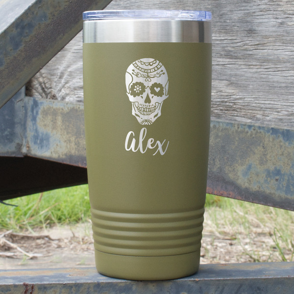 Custom Sugar Skulls & Flowers 20 oz Stainless Steel Tumbler - Olive - Double Sided (Personalized)