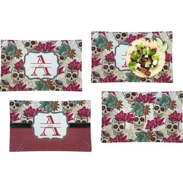 Custom Sugar Skulls & Flowers Set of 4 Glass Rectangular Lunch / Dinner Plate (Personalized)