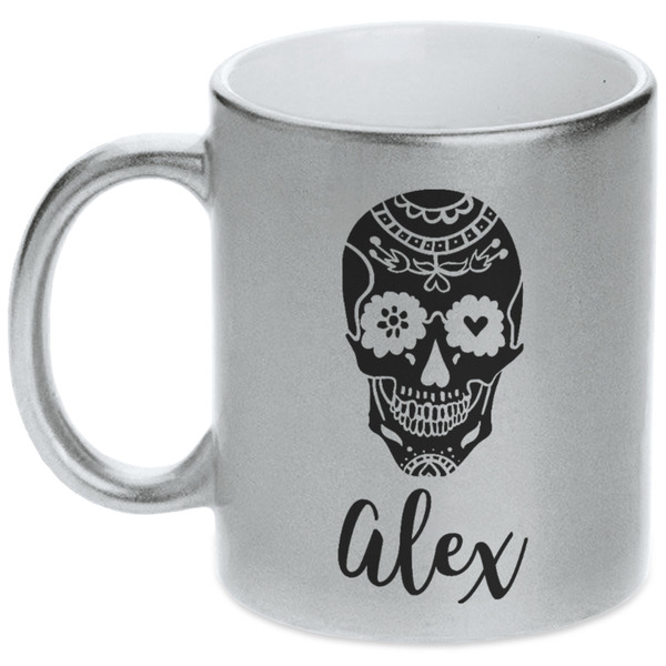 Custom Sugar Skulls & Flowers Metallic Silver Mug (Personalized)