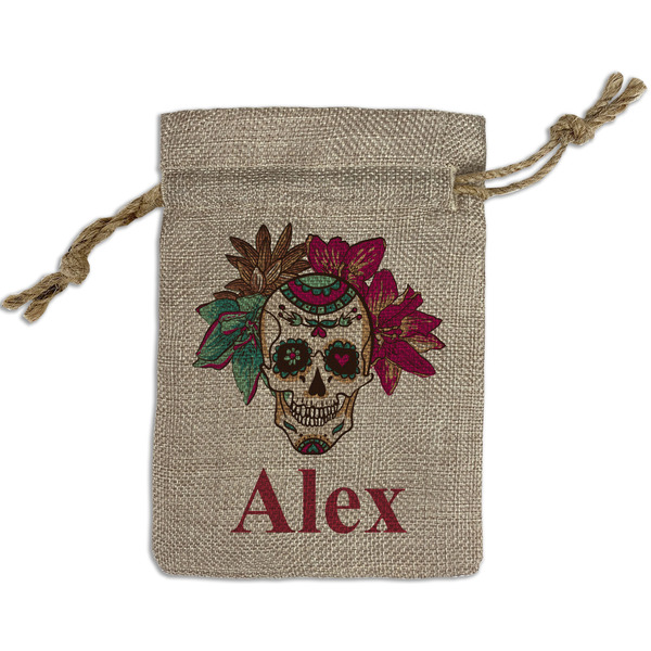 Custom Sugar Skulls & Flowers Small Burlap Gift Bag - Front (Personalized)