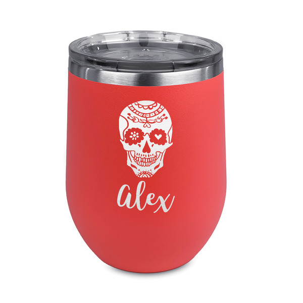 Custom Sugar Skulls & Flowers Stemless Stainless Steel Wine Tumbler - Coral - Double Sided (Personalized)
