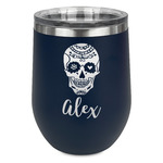 Sugar Skulls & Flowers Stemless Stainless Steel Wine Tumbler - Navy - Double Sided (Personalized)