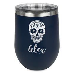 Sugar Skulls & Flowers Stemless Stainless Steel Wine Tumbler - Navy - Single Sided (Personalized)