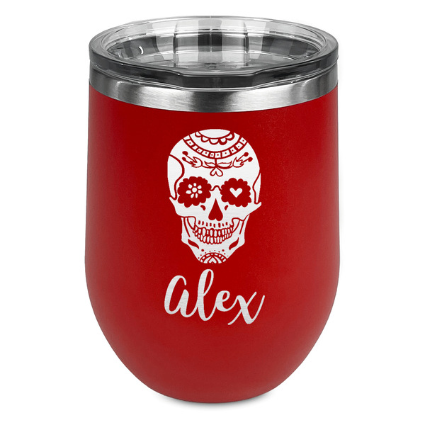 Custom Sugar Skulls & Flowers Stemless Stainless Steel Wine Tumbler - Red - Double Sided (Personalized)