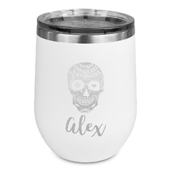 Sugar Skulls & Flowers Stemless Stainless Steel Wine Tumbler - White - Single Sided (Personalized)