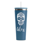 Sugar Skulls & Flowers RTIC Everyday Tumbler with Straw - 28oz - Steel Blue - Double-Sided (Personalized)