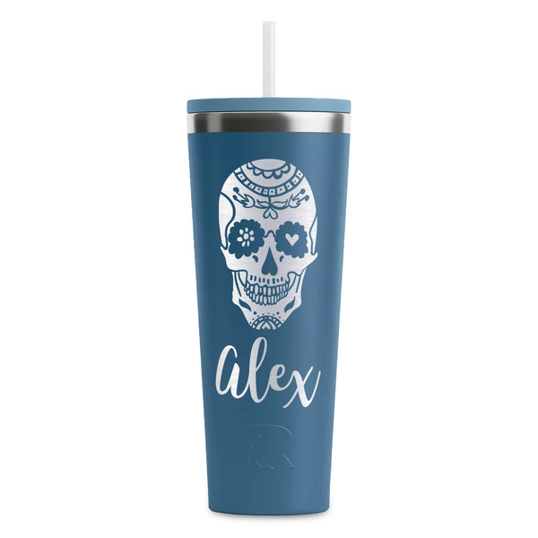 Custom Sugar Skulls & Flowers RTIC Everyday Tumbler with Straw - 28oz - Steel Blue - Double-Sided (Personalized)