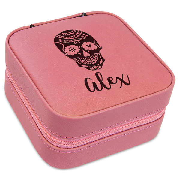 Custom Sugar Skulls & Flowers Travel Jewelry Boxes - Pink Leather (Personalized)