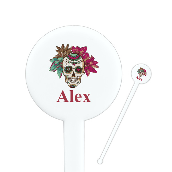 Custom Sugar Skulls & Flowers 7" Round Plastic Stir Sticks - White - Single Sided (Personalized)