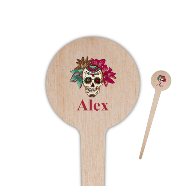 Custom Sugar Skulls & Flowers 4" Round Wooden Food Picks - Single Sided (Personalized)