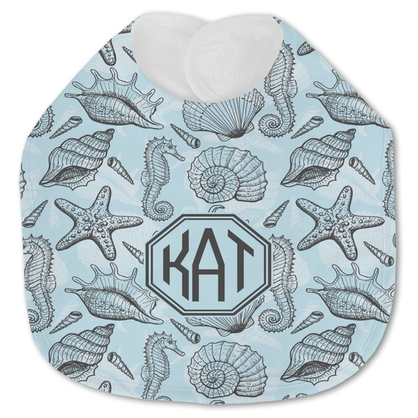 Custom Sea-blue Seashells Jersey Knit Baby Bib w/ Monogram