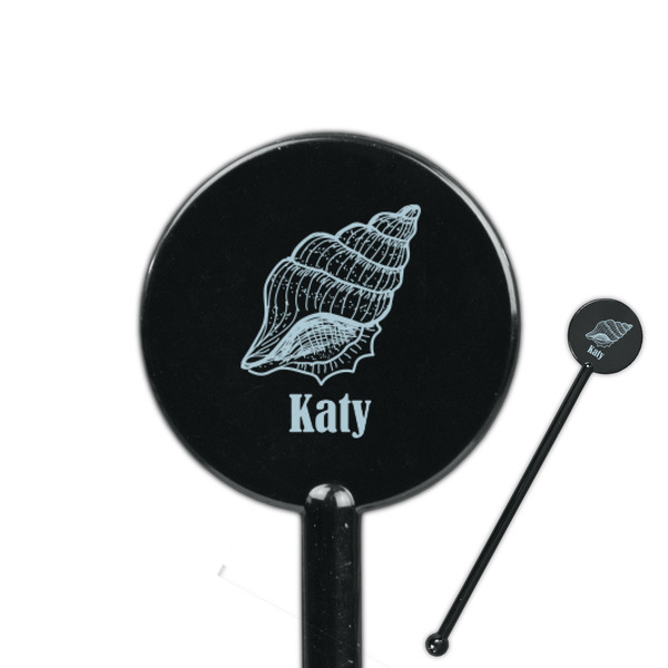 Custom Sea-blue Seashells 5.5" Round Plastic Stir Sticks - Black - Double Sided (Personalized)