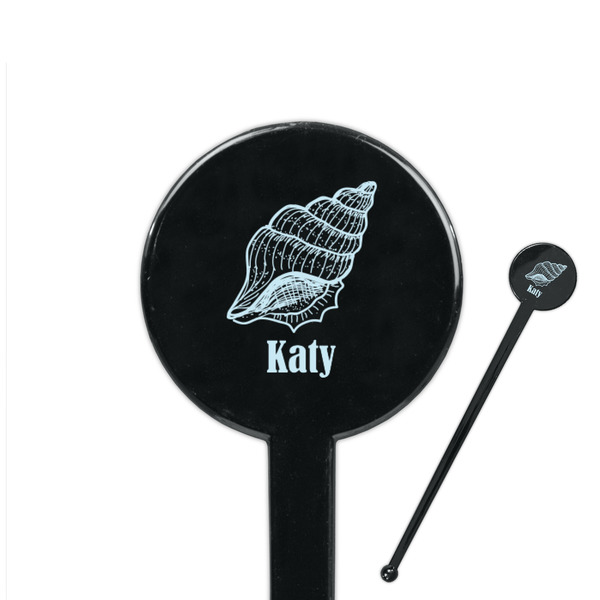 Custom Sea-blue Seashells 7" Round Plastic Stir Sticks - Black - Double Sided (Personalized)