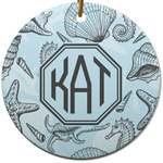 Sea-blue Seashells Round Ceramic Ornament w/ Monogram