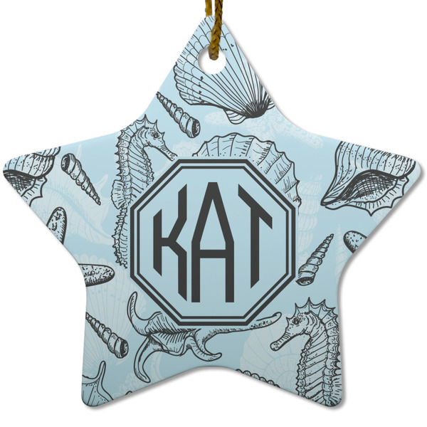 Custom Sea-blue Seashells Star Ceramic Ornament w/ Monogram