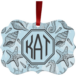 Sea-blue Seashells Metal Frame Ornament - Double Sided w/ Monogram