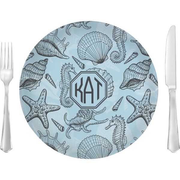 Custom Sea-blue Seashells 10" Glass Lunch / Dinner Plates - Single or Set (Personalized)
