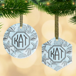 Sea-blue Seashells Flat Glass Ornament w/ Monogram