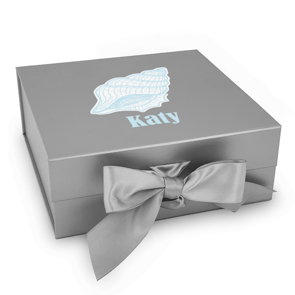 Custom Sea-blue Seashells Gift Box with Magnetic Lid - Silver (Personalized)