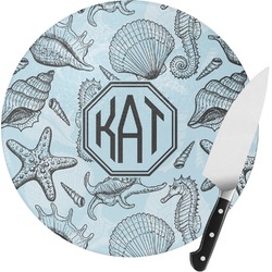 Sea-blue Seashells Round Glass Cutting Board - Medium (Personalized)