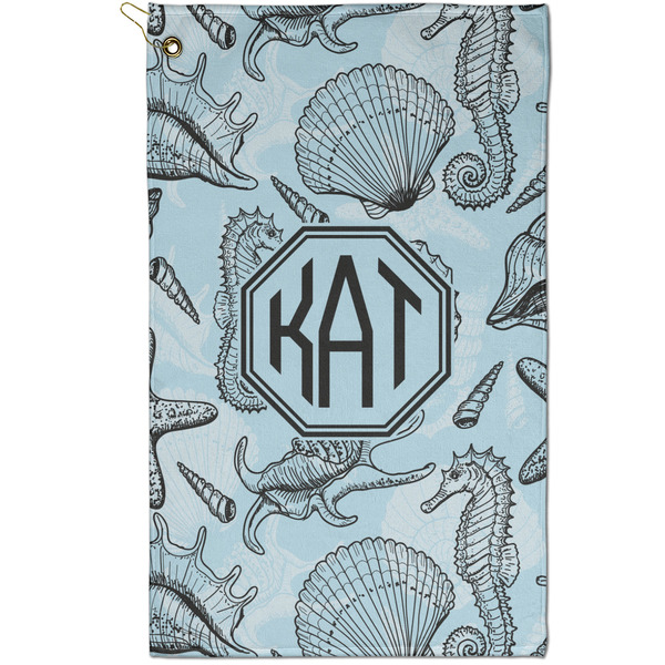 Custom Sea-blue Seashells Golf Towel - Poly-Cotton Blend - Small w/ Monograms