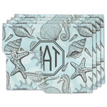 Sea-blue Seashells Double-Sided Linen Placemat - Set of 4 w/ Monogram