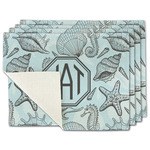 Sea-blue Seashells Single-Sided Linen Placemat - Set of 4 w/ Monogram