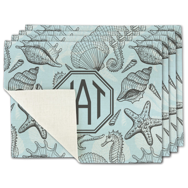 Custom Sea-blue Seashells Single-Sided Linen Placemat - Set of 4 w/ Monogram