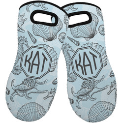 Sea-blue Seashells Neoprene Oven Mitts - Set of 2 w/ Monogram