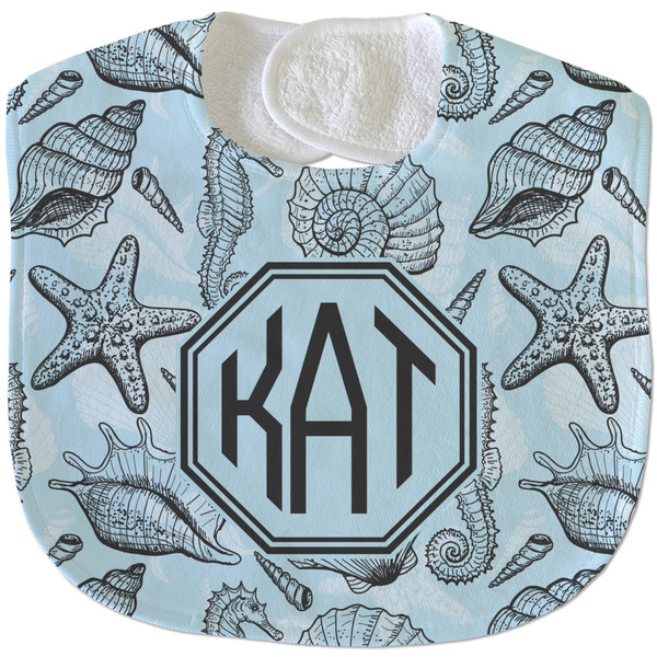 Custom Sea-blue Seashells Velour Baby Bib w/ Monogram