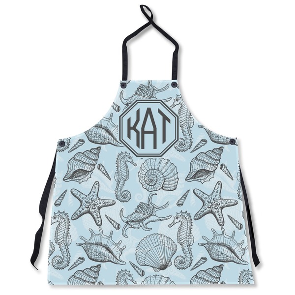 Custom Sea-blue Seashells Apron Without Pockets w/ Monogram