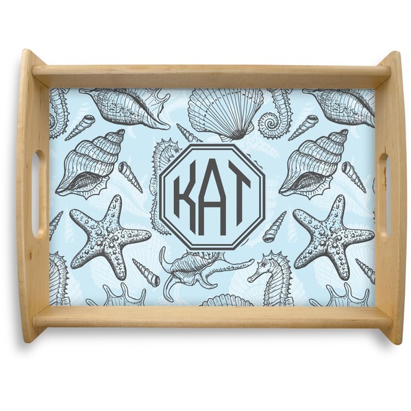 Custom Sea-blue Seashells Natural Wooden Tray - Large (Personalized)