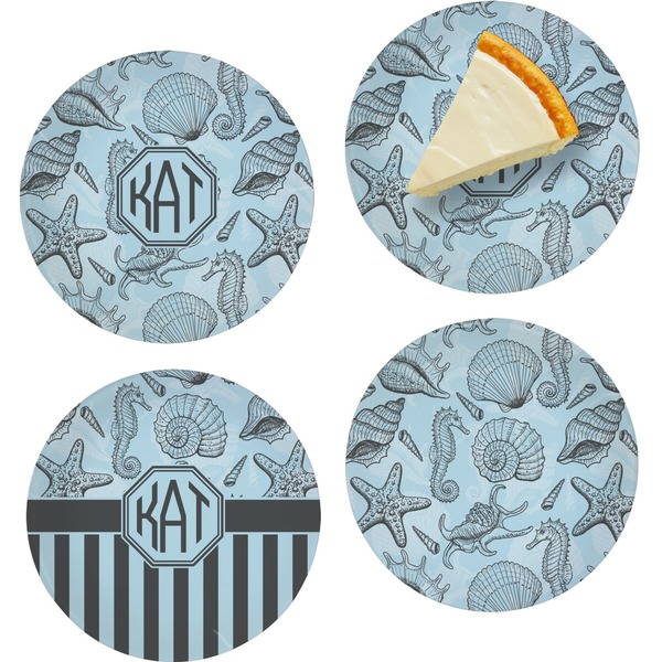 Custom Sea-blue Seashells Set of 4 Glass Appetizer / Dessert Plate 8" (Personalized)