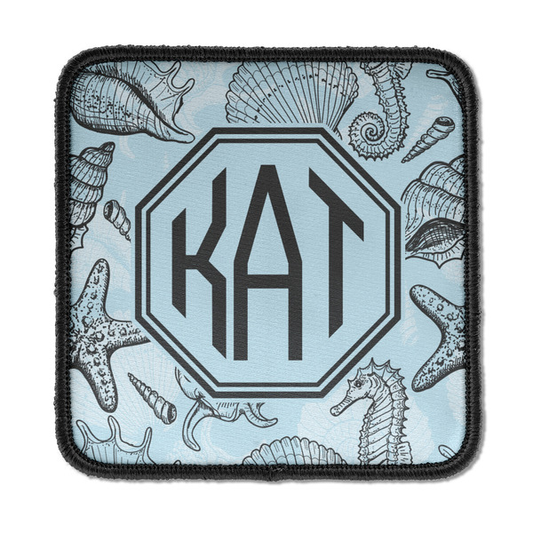 Custom Sea-blue Seashells Iron On Square Patch w/ Monogram