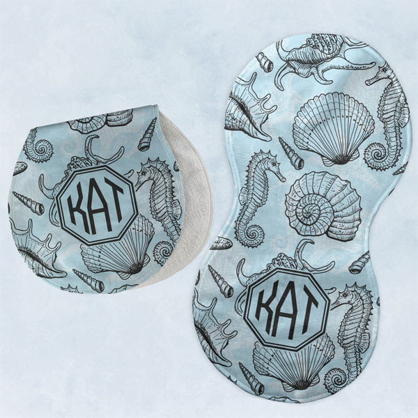 Custom Sea-blue Seashells Burp Pads - Velour - Set of 2 w/ Monogram