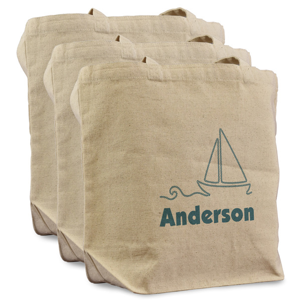 Custom Rope Sail Boats Reusable Cotton Grocery Bags - Set of 3 (Personalized)