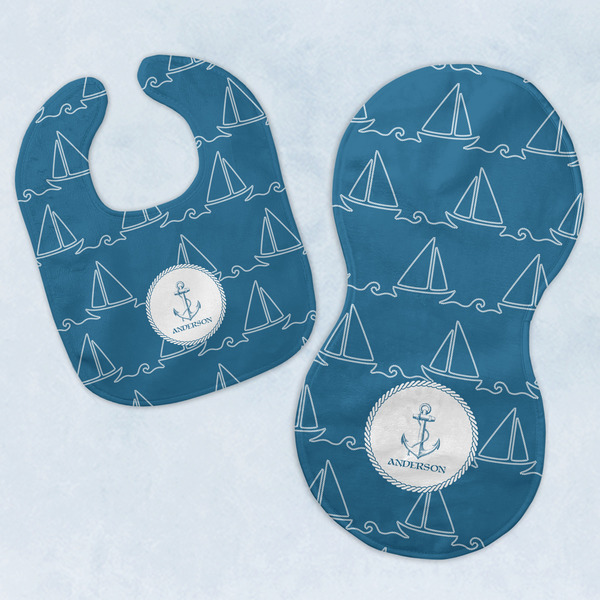 Custom Rope Sail Boats Baby Bib & Burp Set w/ Name or Text