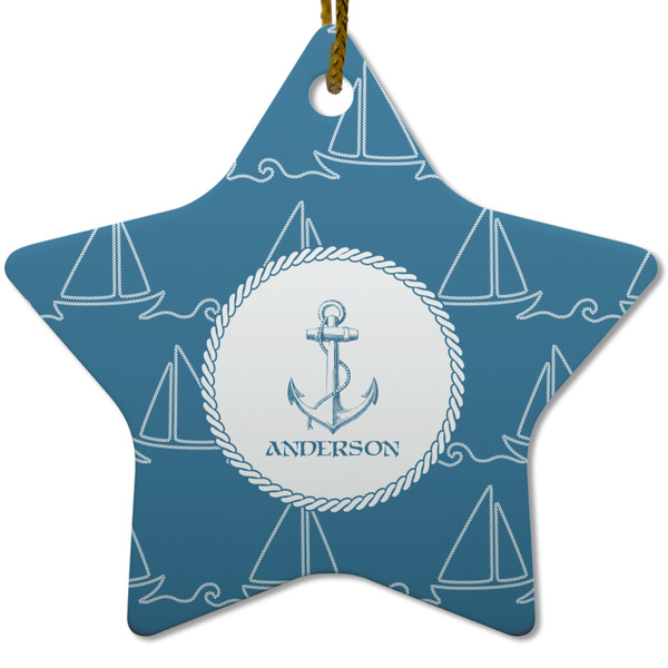 Custom Rope Sail Boats Star Ceramic Ornament w/ Name or Text