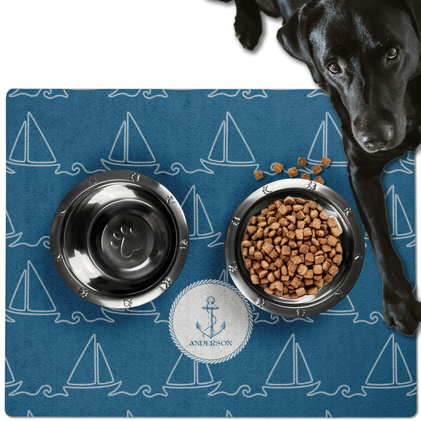 Custom Rope Sail Boats Dog Food Mat - Large w/ Name or Text