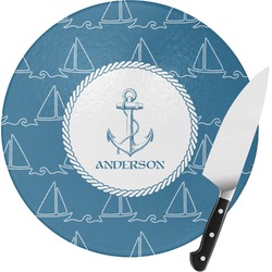 Rope Sail Boats Round Glass Cutting Board - Medium (Personalized)