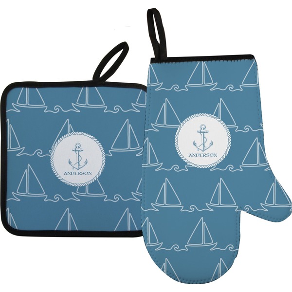Custom Rope Sail Boats Right Oven Mitt & Pot Holder Set w/ Name or Text