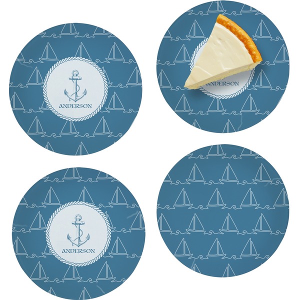 Custom Rope Sail Boats Set of 4 Glass Appetizer / Dessert Plate 8" (Personalized)