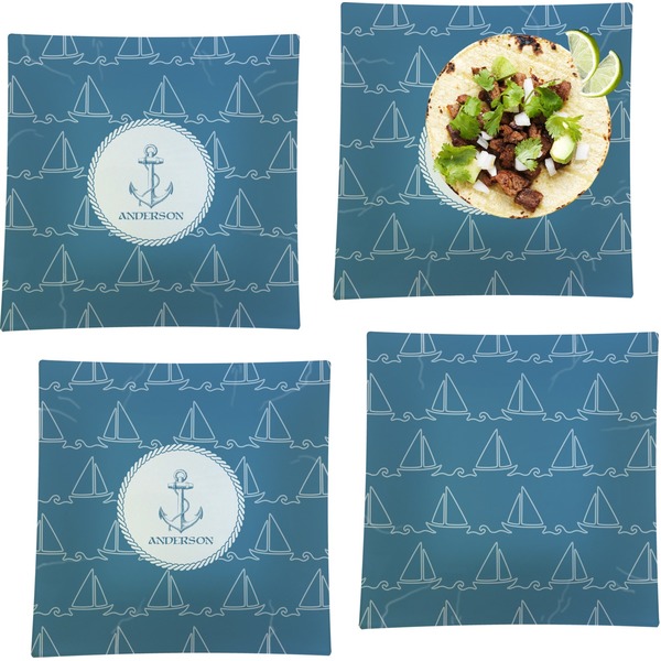 Custom Rope Sail Boats Set of 4 Glass Square Lunch / Dinner Plate 9.5" (Personalized)