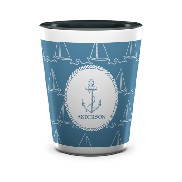 Custom Rope Sail Boats Ceramic Shot Glass - 1.5 oz - Two Tone - Single (Personalized)