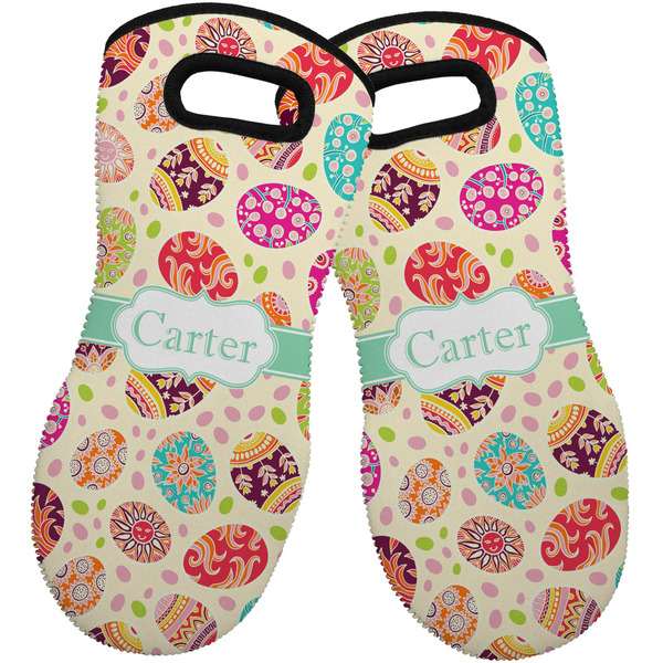 Custom Easter Eggs Neoprene Oven Mitts - Set of 2 w/ Name or Text