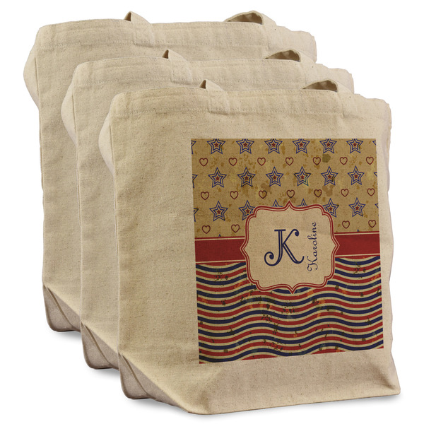 Custom Vintage Stars & Stripes Reusable Cotton Grocery Bags - Set of 3 (Personalized)