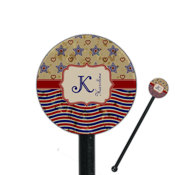 Custom Vintage Stars & Stripes 5.5" Round Plastic Stir Sticks - Black - Double Sided (Personalized)