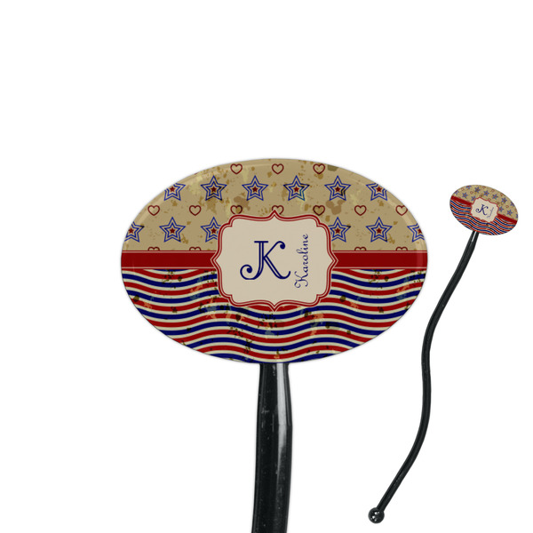 Custom Vintage Stars & Stripes 7" Oval Plastic Stir Sticks - Black - Double Sided (Personalized)