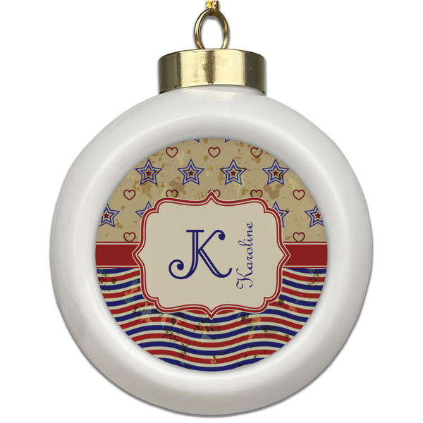 Custom Vintage Stars & Stripes Ceramic Ball Ornament (Personalized)