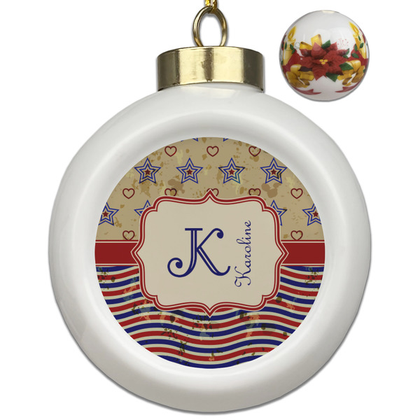 Custom Vintage Stars & Stripes Ceramic Ball Ornaments - Poinsettia Garland (Personalized)